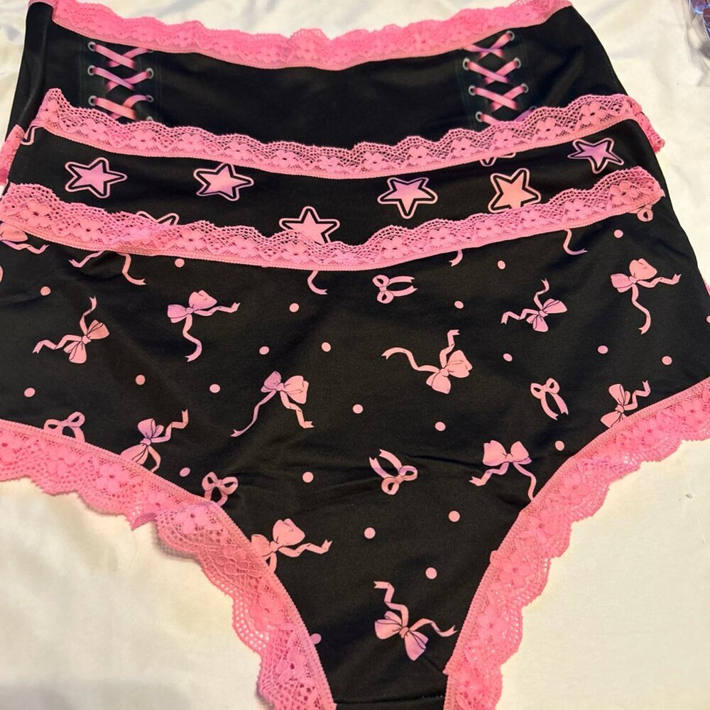 Morvia 3pk Pink lace Trim goth Emo panties XL Lace Print Bows Star Lingerie